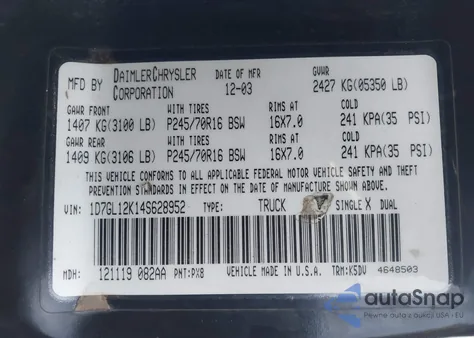 2004 Dodge Dakota из США, поврежденный, VIN 1D7GL12K14S628952